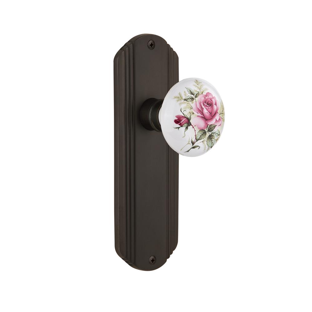 Nostalgic Warehouse DECROS Complete Passage Set Without Keyhole Deco Plate with Rose Porcelain Knob in Oil-Rubbed Bronze